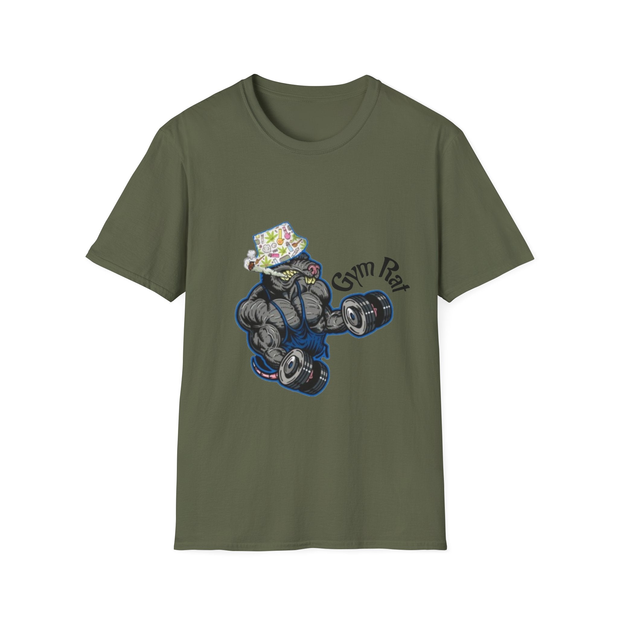 Gym Rat T‑Shirt – 'Gym Rat Essentials' Muscle Rat Lifting Dumbbells Tee